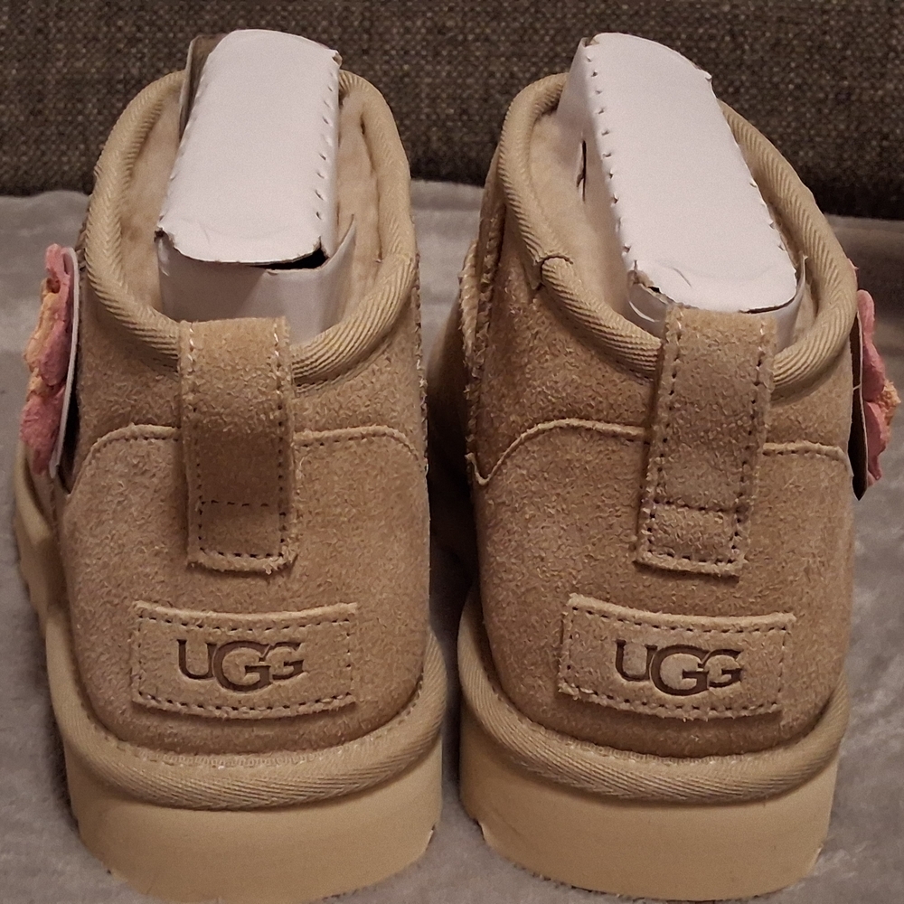 UGG Tan Suede Ankle Booties with Pink & Cream Floral Appliqués - Picture 4 of 12